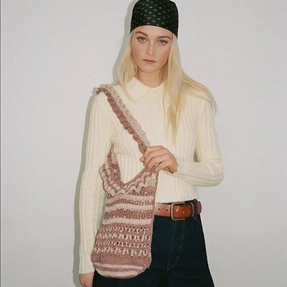 ZARA RUFFLED CROCHET SHOPPER HANDBAG - Picture 2 of 10